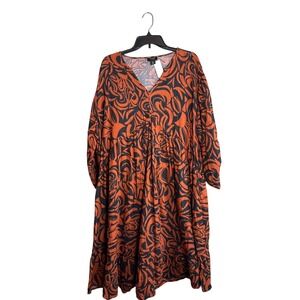 June + Vie Women's V Neck Long Sleeve Midi Dress Orange Black Print XL